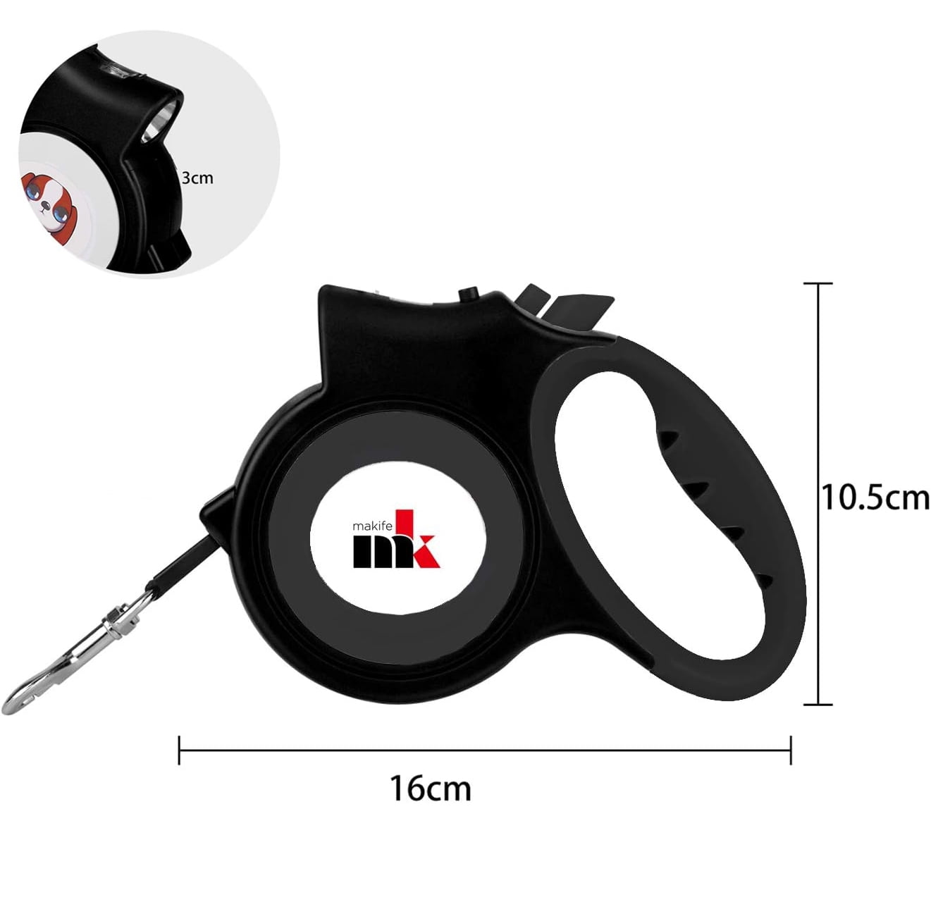 Retractable Dog Leash with LED Light 5m Extendable Dog Lead for Small Medium Puppis up to 25kgs, One-Hand Brake & Lock System, Ergonomic Handle - Black
