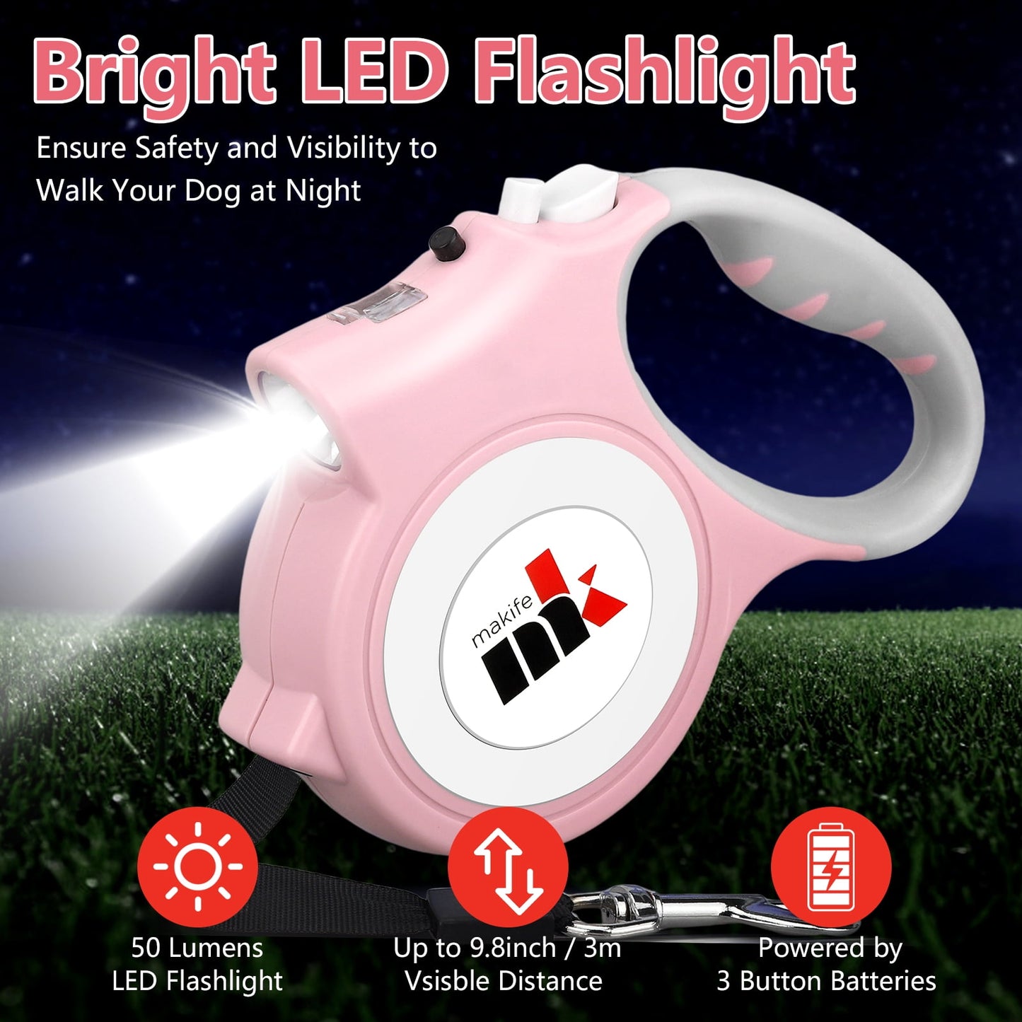 Retractable Dog Leash with LED Light 5m Extendable Dog Lead for Small Medium Puppis up to 25kgs, One-Hand Brake & Lock System, Ergonomic Handle - Black