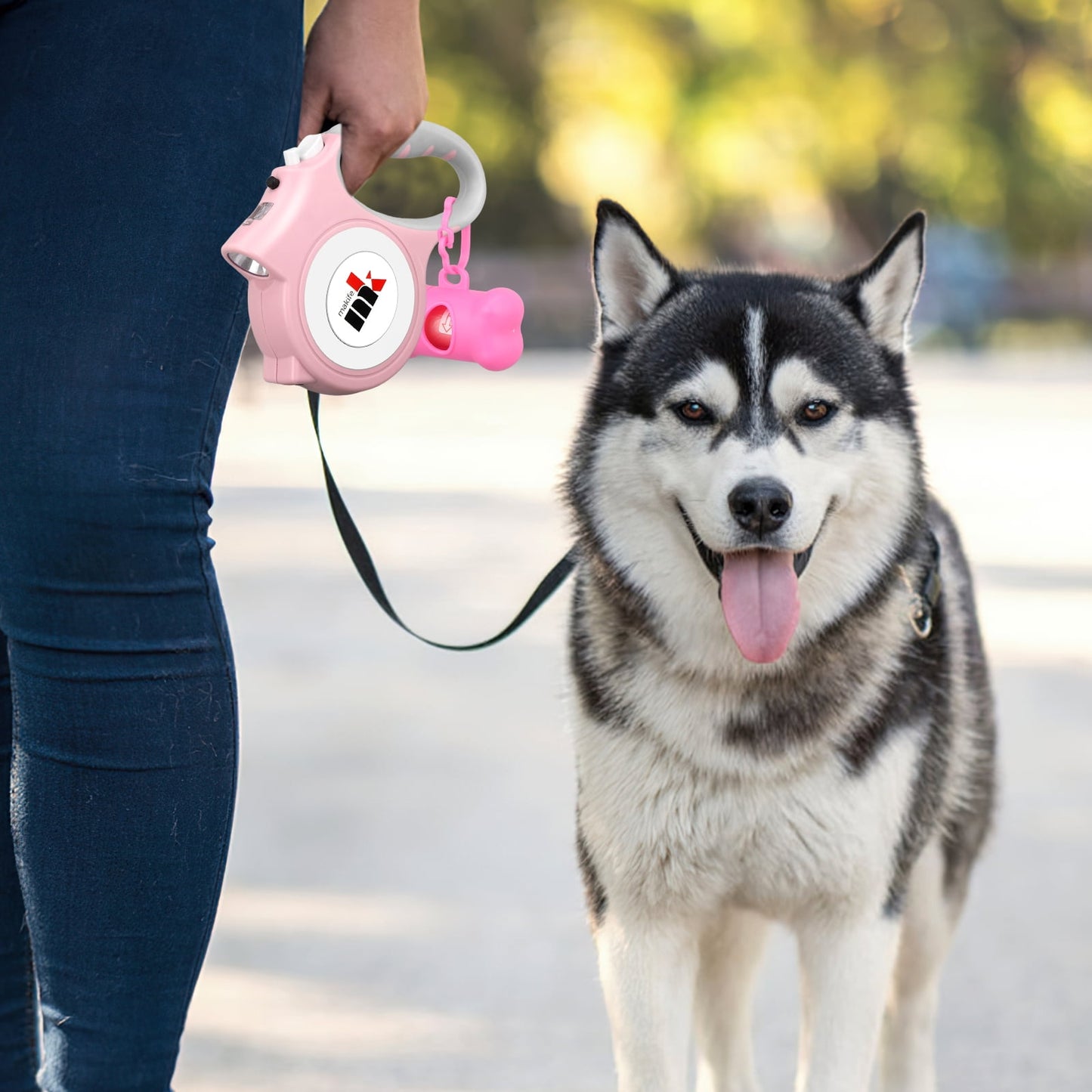 Retractable Dog Leash with LED Light 5m Extendable Dog Lead for Small Medium Puppis up to 25kgs, One-Hand Brake & Lock System, Ergonomic Handle - Black