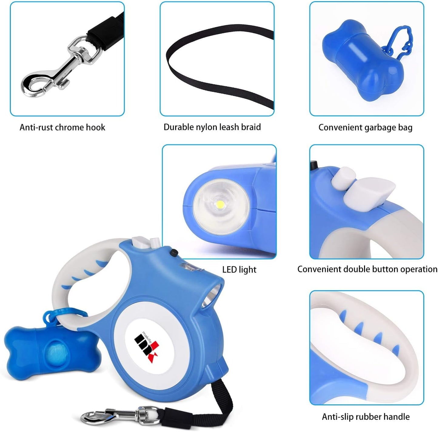 Retractable Dog Leash with LED Light 5m Extendable Dog Lead for Small Medium Puppis up to 25kgs, One-Hand Brake & Lock System, Ergonomic Handle - Black