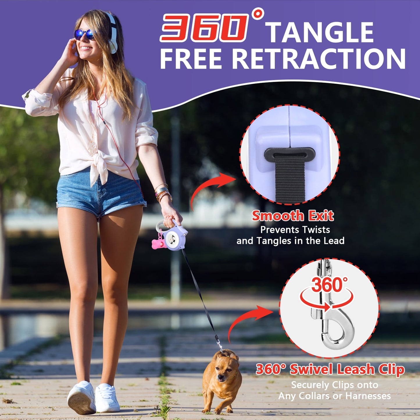 Retractable Dog Leash with LED Light 5m Extendable Dog Lead for Small Medium Puppis up to 25kgs, One-Hand Brake & Lock System, Ergonomic Handle - Black