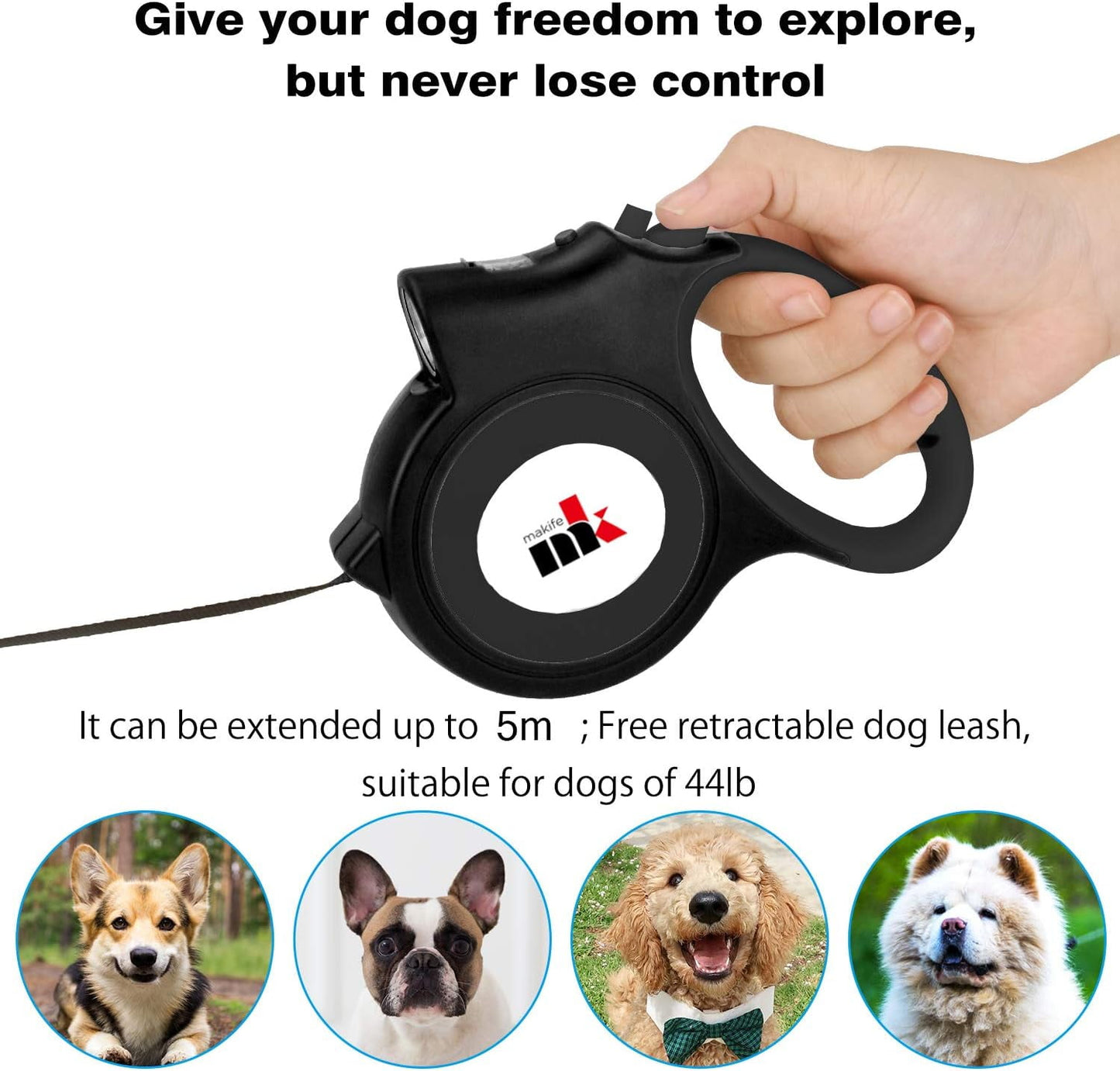Retractable Dog Leash with LED Light 5m Extendable Dog Lead for Small Medium Puppis up to 25kgs, One-Hand Brake & Lock System, Ergonomic Handle - Black