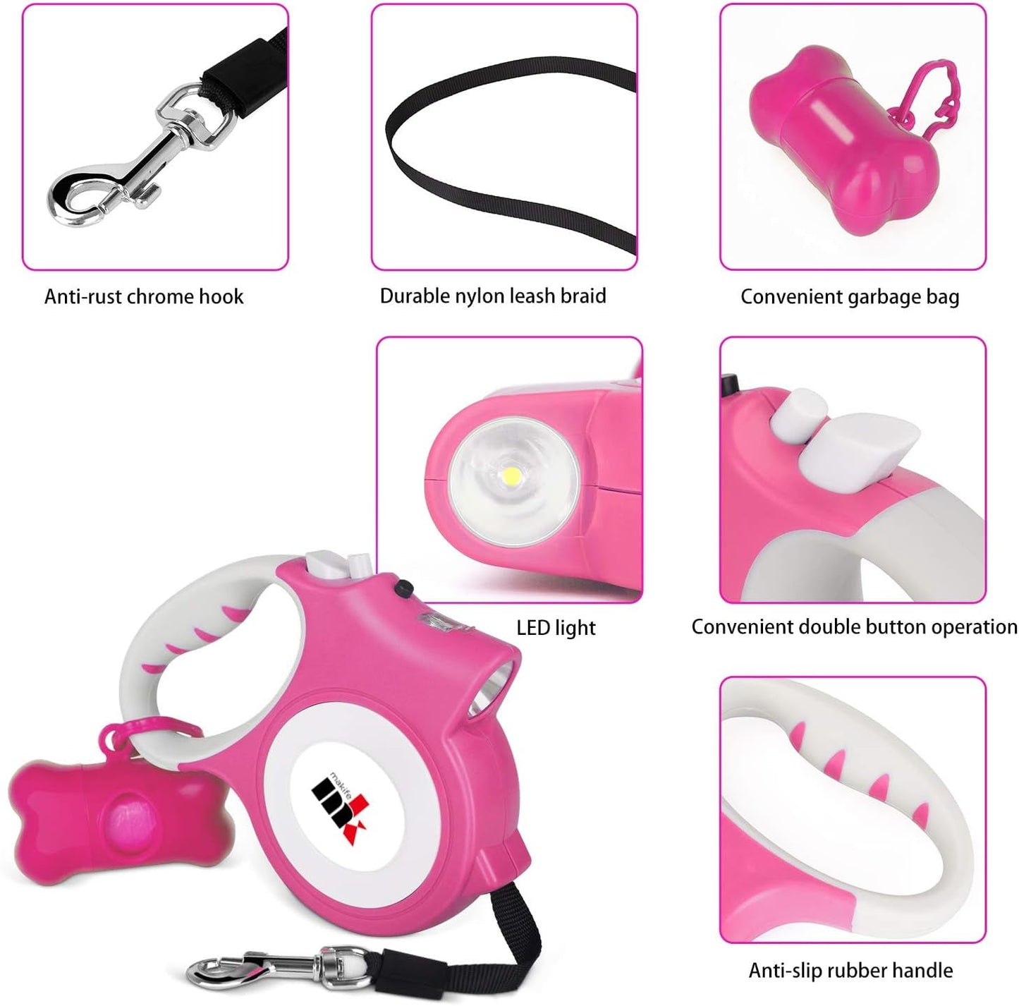 Retractable Dog Leash with LED Light 5m Extendable Dog Lead for Small Medium Puppis up to 25kgs, One-Hand Brake & Lock System, Ergonomic Handle - Black