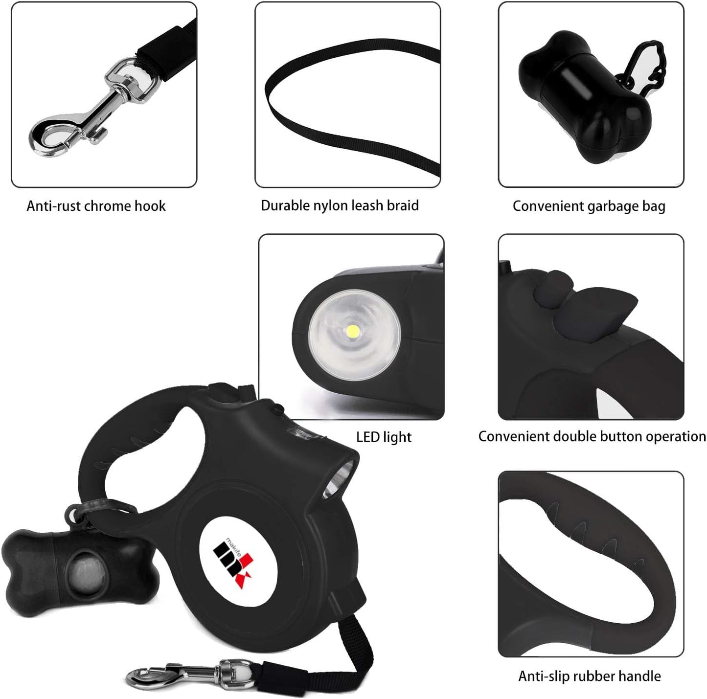 Retractable Dog Leash with LED Light 5m Extendable Dog Lead for Small Medium Puppis up to 25kgs, One-Hand Brake & Lock System, Ergonomic Handle - Black