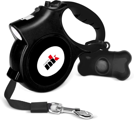 Retractable Dog Leash with LED Light 5m Extendable Dog Lead for Small Medium Puppis up to 25kgs, One-Hand Brake & Lock System, Ergonomic Handle - Black