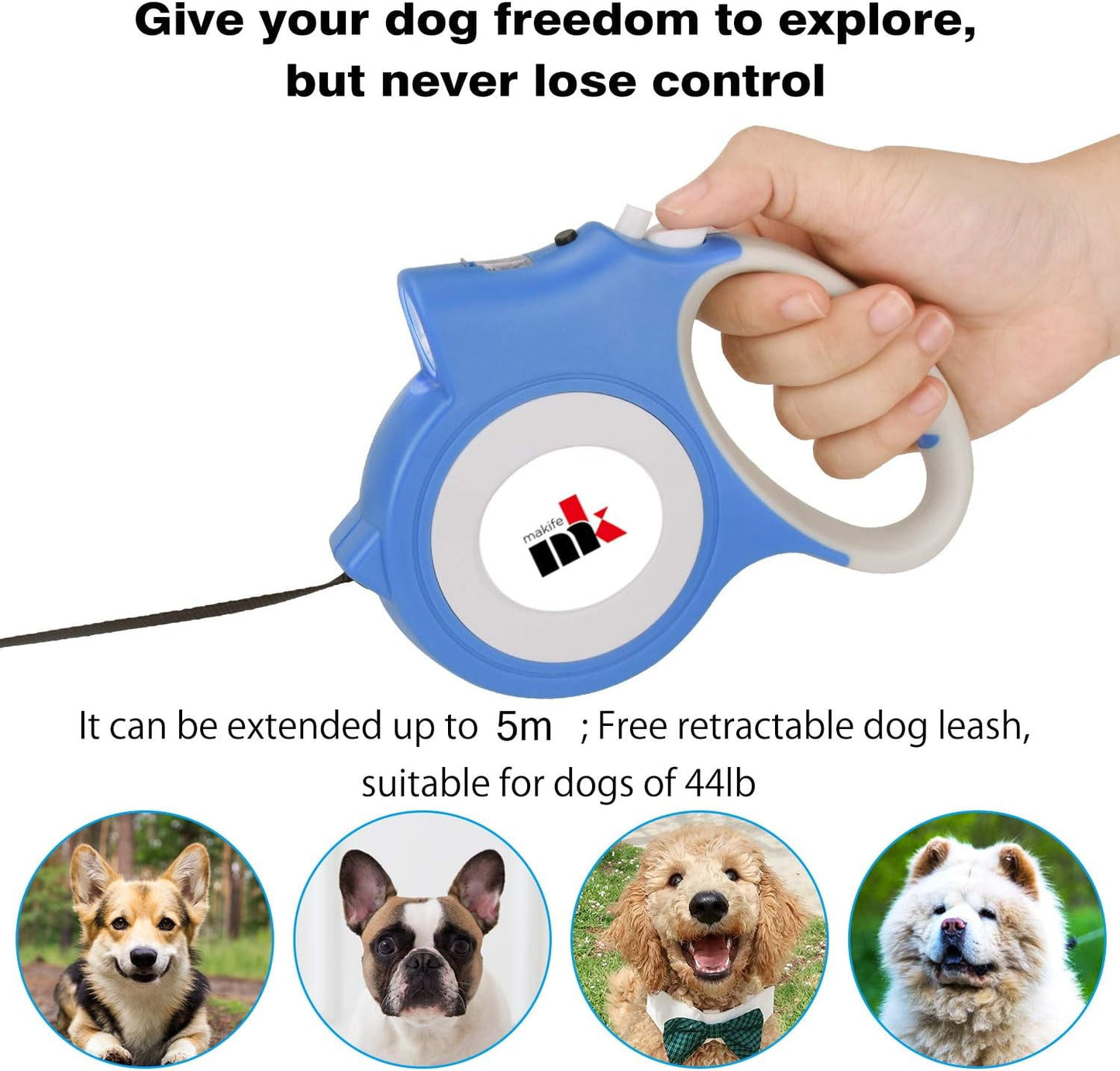 Retractable Dog Leash with LED Light 5m Extendable Dog Lead for Small Medium Puppis up to 25kgs, One-Hand Brake & Lock System, Ergonomic Handle - Black