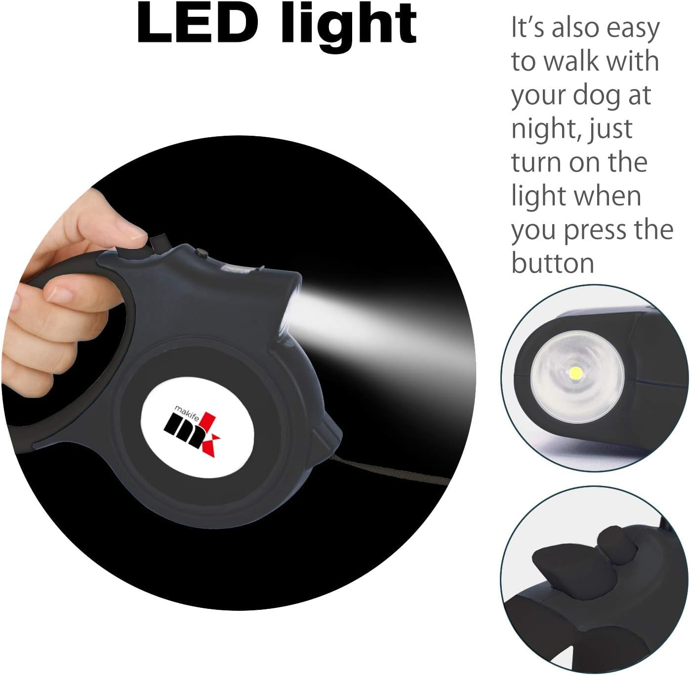 Retractable Dog Leash with LED Light 5m Extendable Dog Lead for Small Medium Puppis up to 25kgs, One-Hand Brake & Lock System, Ergonomic Handle - Black