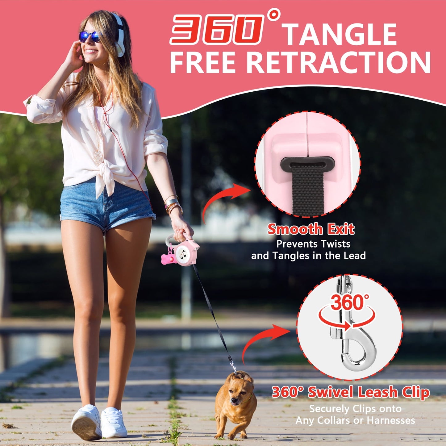 Retractable Dog Leash with LED Light 5m Extendable Dog Lead for Small Medium Puppis up to 25kgs, One-Hand Brake & Lock System, Ergonomic Handle - Black