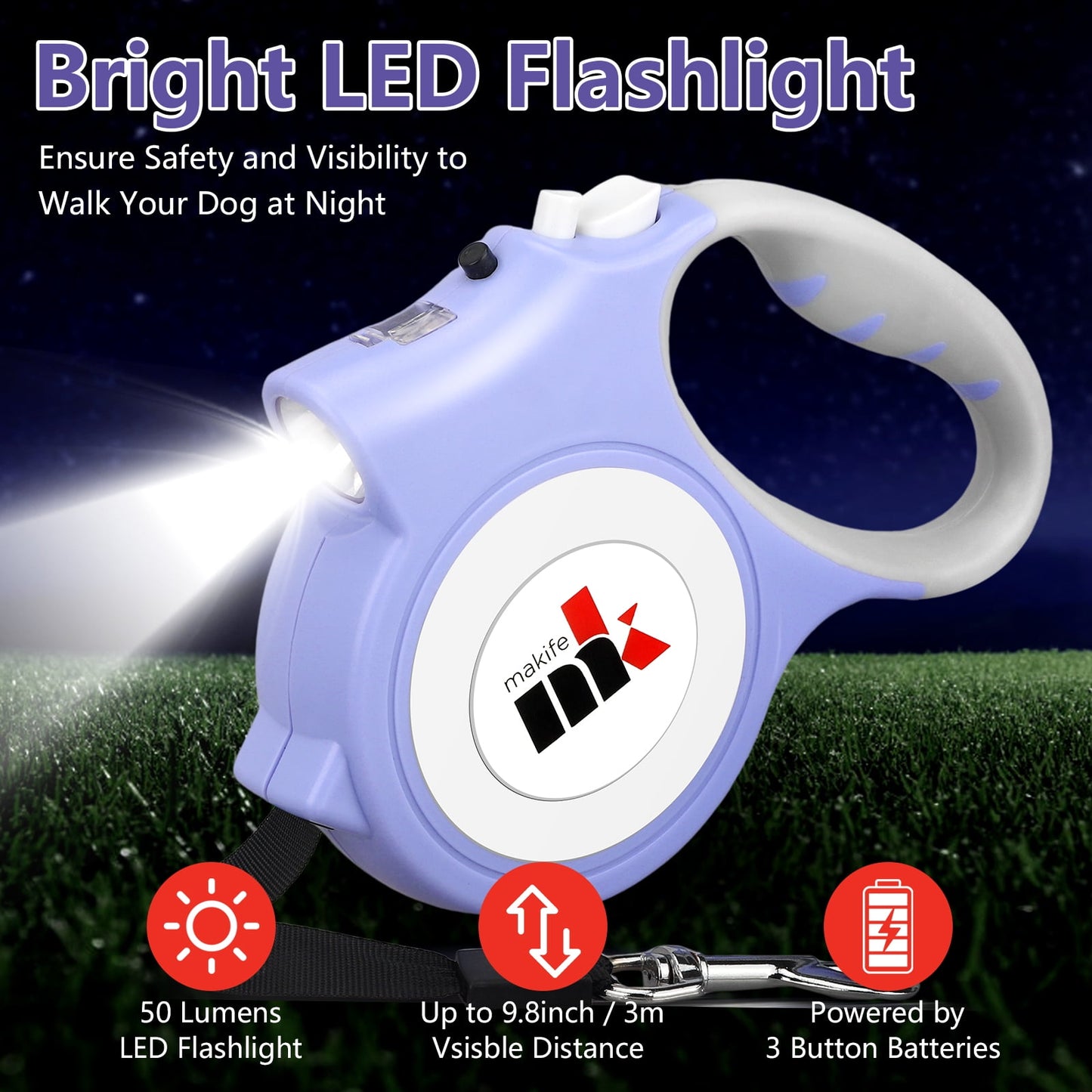 Retractable Dog Leash with LED Light 5m Extendable Dog Lead for Small Medium Puppis up to 25kgs, One-Hand Brake & Lock System, Ergonomic Handle - Black