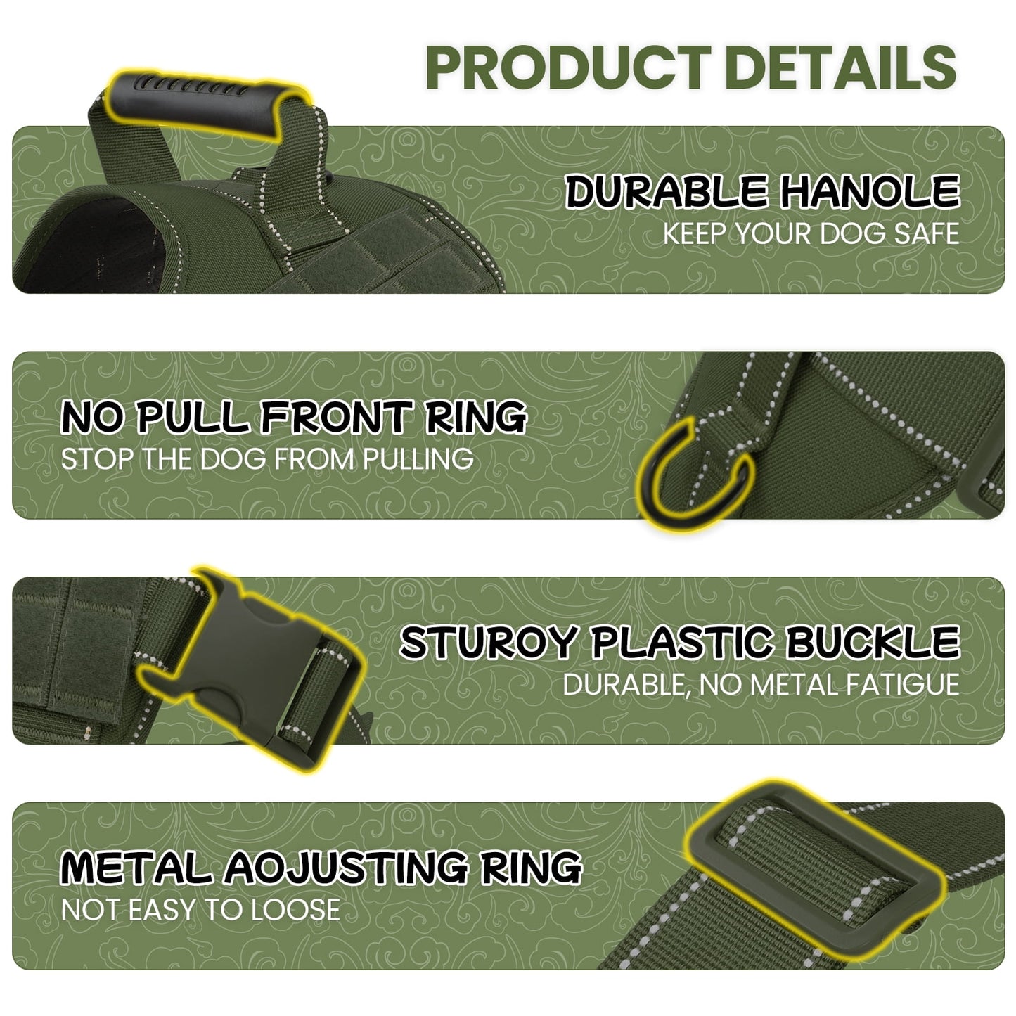 PcEoTllar No Pull Dog Harness for Medium Dogs, Reflective Dog Vest Harness with Handle, Adjustable Easy on Dog Harness for Training Running Walking, Green M