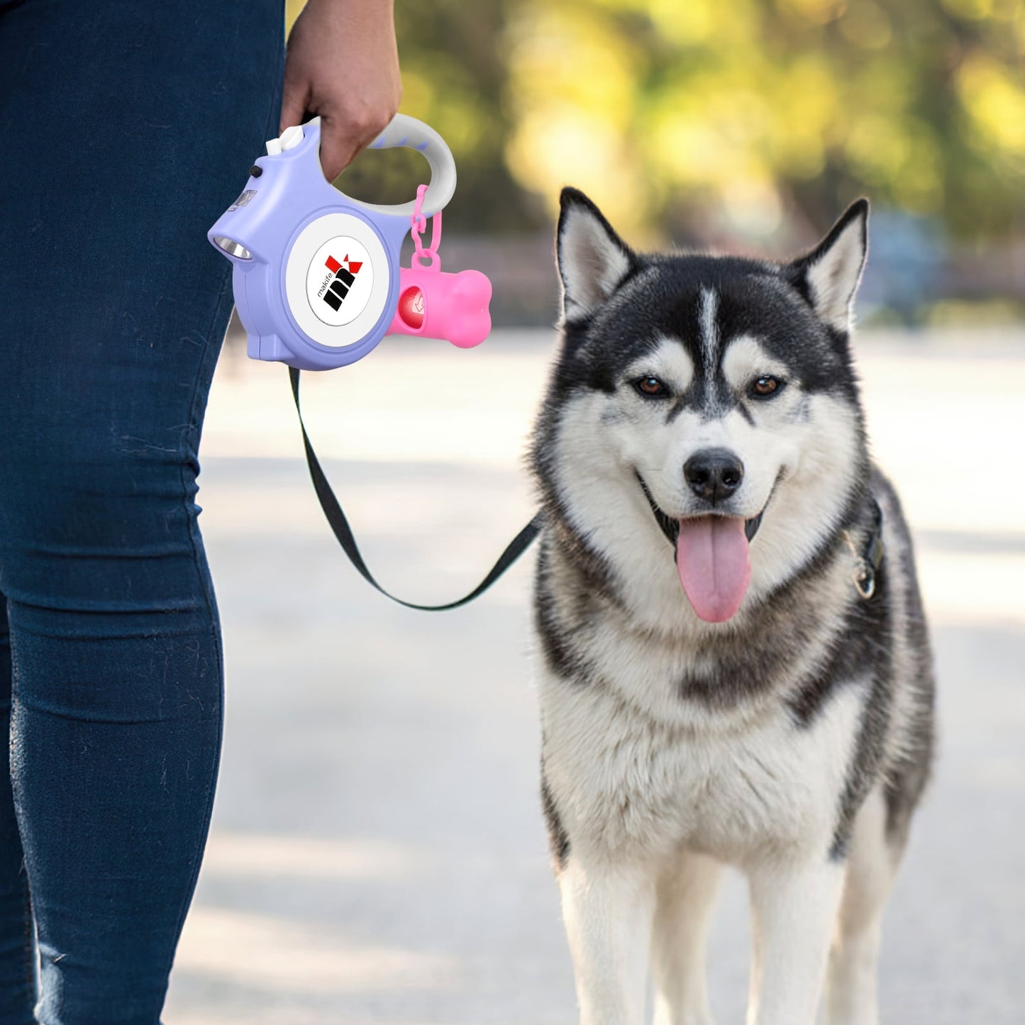 Retractable Dog Leash with LED Light 5m Extendable Dog Lead for Small Medium Puppis up to 25kgs, One-Hand Brake & Lock System, Ergonomic Handle - Black