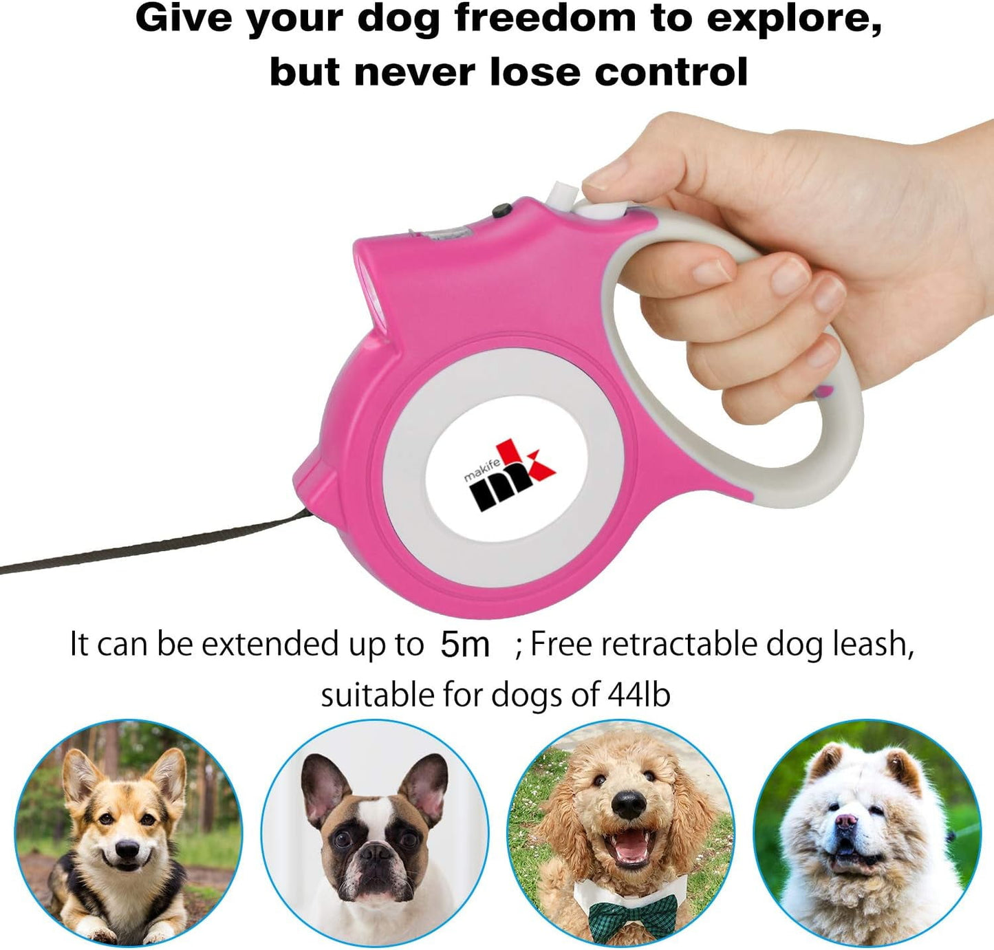 Retractable Dog Leash with LED Light 5m Extendable Dog Lead for Small Medium Puppis up to 25kgs, One-Hand Brake & Lock System, Ergonomic Handle - Black