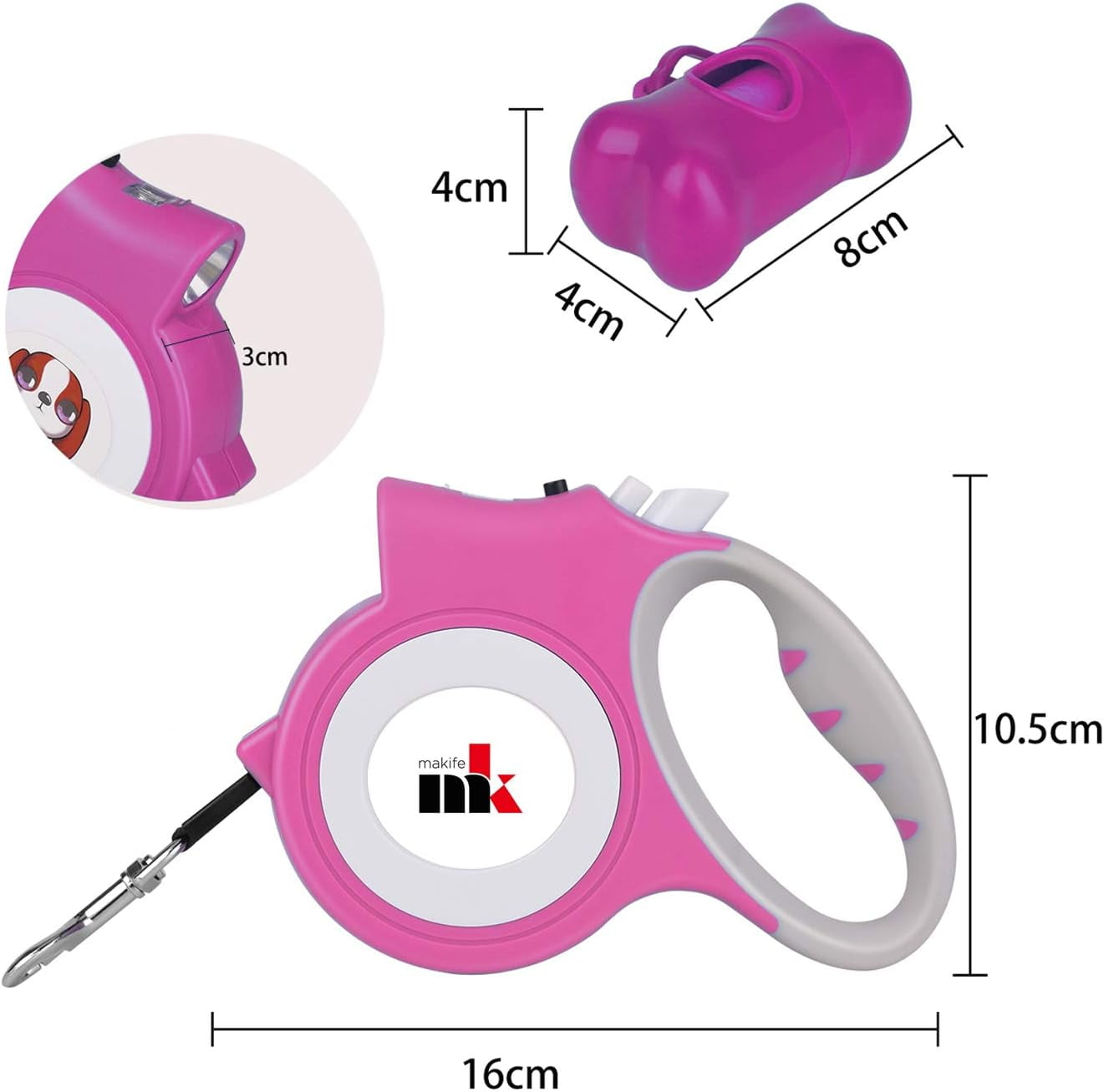 Retractable Dog Leash with LED Light 5m Extendable Dog Lead for Small Medium Puppis up to 25kgs, One-Hand Brake & Lock System, Ergonomic Handle - Black