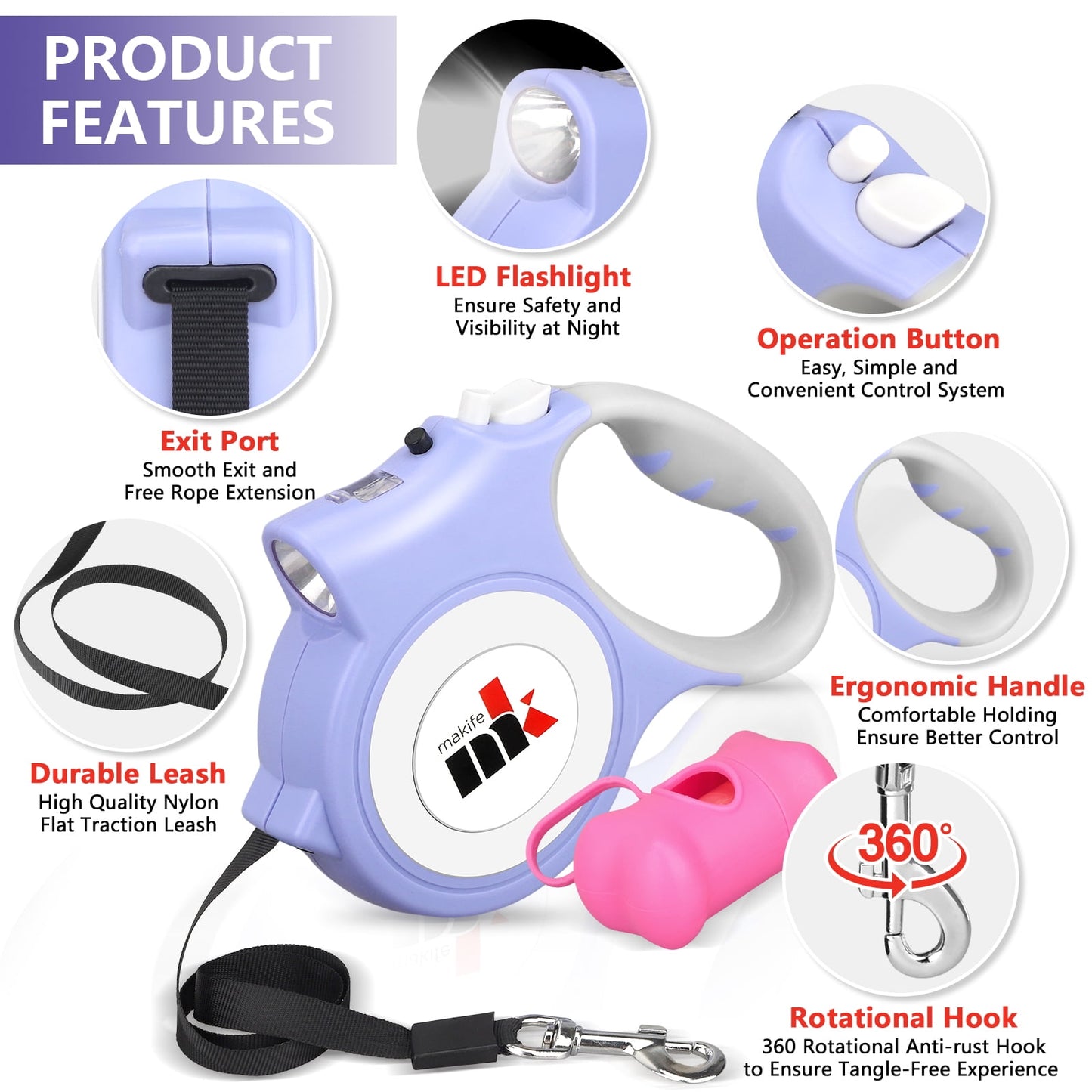 Retractable Dog Leash with LED Light 5m Extendable Dog Lead for Small Medium Puppis up to 25kgs, One-Hand Brake & Lock System, Ergonomic Handle - Black
